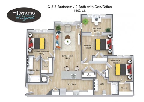 Floor plan for 3 beds, 2 baths, 1402 sqft